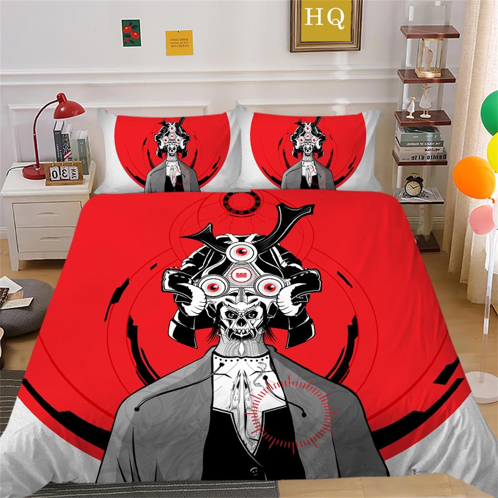 3D Horror Patterned Printed Bedding Set with Skull Head Pattern Down Duvet and Pillowcase 2/3 Pieces Halloween Festive Atmosphere Home Decoration