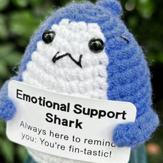 Positive Crochet Shark Doll with Encouraging Card Emotional Support Handmade Knitting Yellow