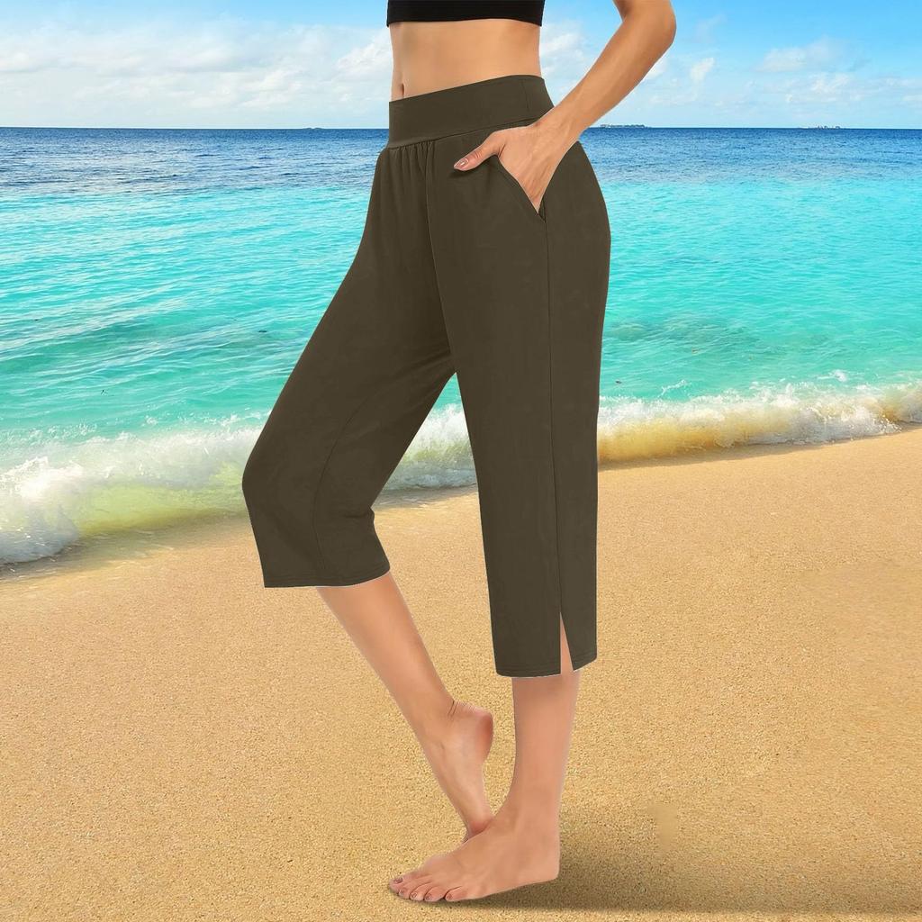 Женские эластичные брюки 3/4 с высокой талией, повседневные брюки-капри с широкими штанинами для активного отдыха, брюки с карманами
