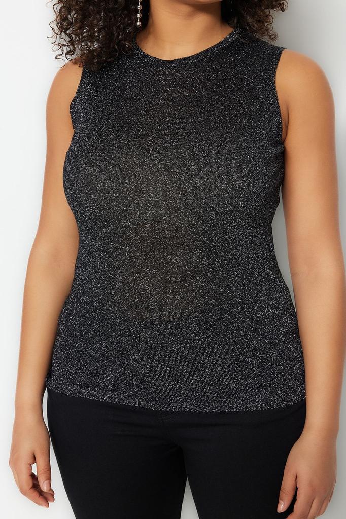 Женская стильная черная обтягивающая блестящая блузка больших размеров из тонкого трикотажа