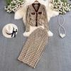 Autumn Spring Small Fragrance Plaid Tweed Suits Women's V Neck Short Jacket Coat + Buttons Long Pencil Skirt Two Piece Set