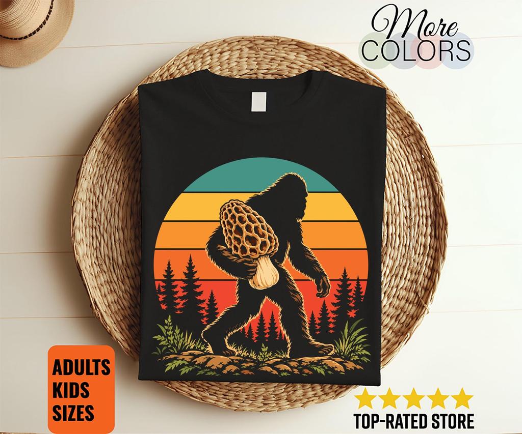 Bigfoot Mushroom Shirt, Sasquatch Morel Tee, Retro Sunset Forest Graphic, Funny Forager Gift, Cryptid Lover Outfit, Outdoor Hiking Adventure