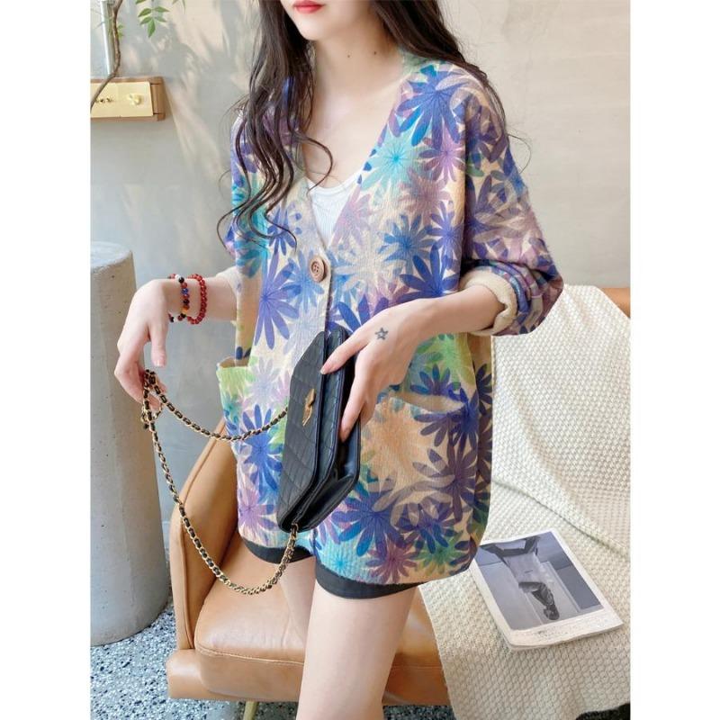 Women's Literary Retro Fall Printing Mink Cardigan Loose Thin Long-sleeved V-neck Knitted Jacket Blouse