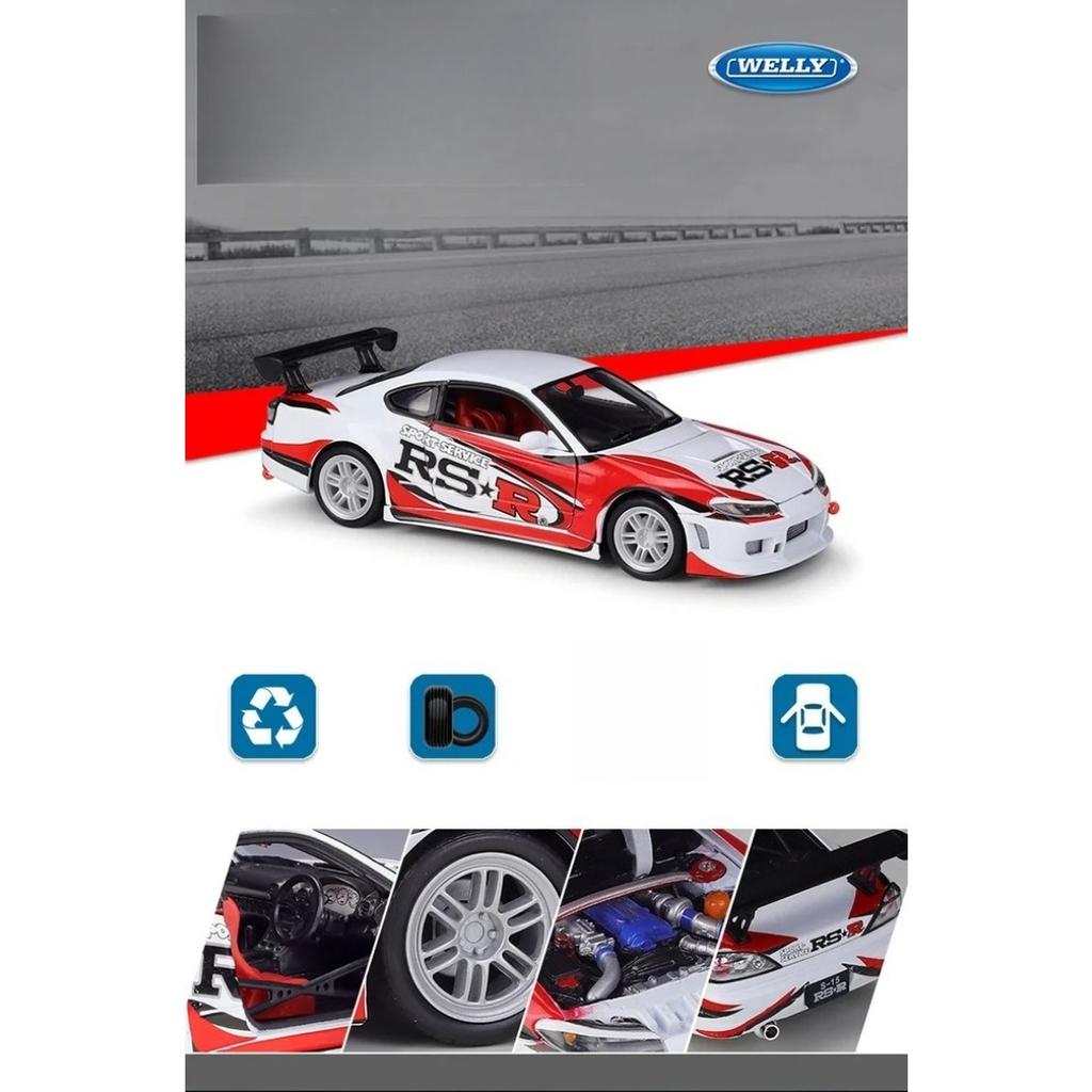 Welly 1/24 Nissan Silvia S15 RS-R Металлическая модель автомобиля Литые модели и игрушечные транспортные средства Модель автомобиля Масштабная миниатюрная модель автомобиля Игрушка для детей