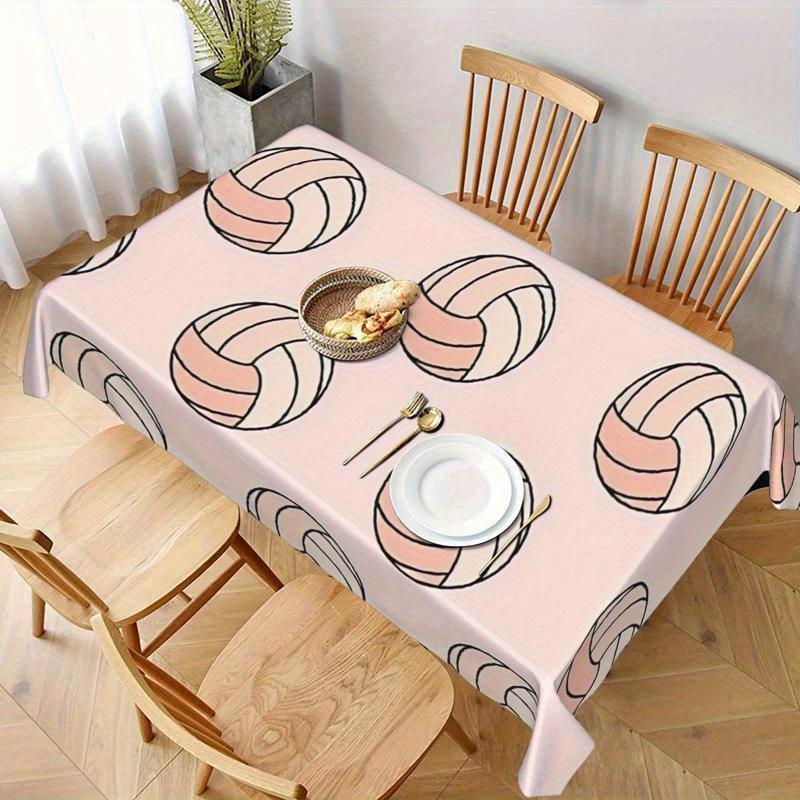 1pc Tablecloth Soft Fashion Aesthetic New Sports Dynamic Style! Pink Volleyball Pattern for Decorating Dining Space, Rectangular Polyester Fabric, All
