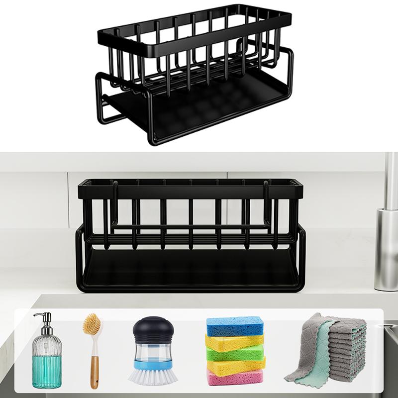 Kitchen Sink Rack Organizer Kitchen Sink Sponge Holder With Self-draining Tray Dish Soap Scrub Dishcloth Shelf Stainless Steel