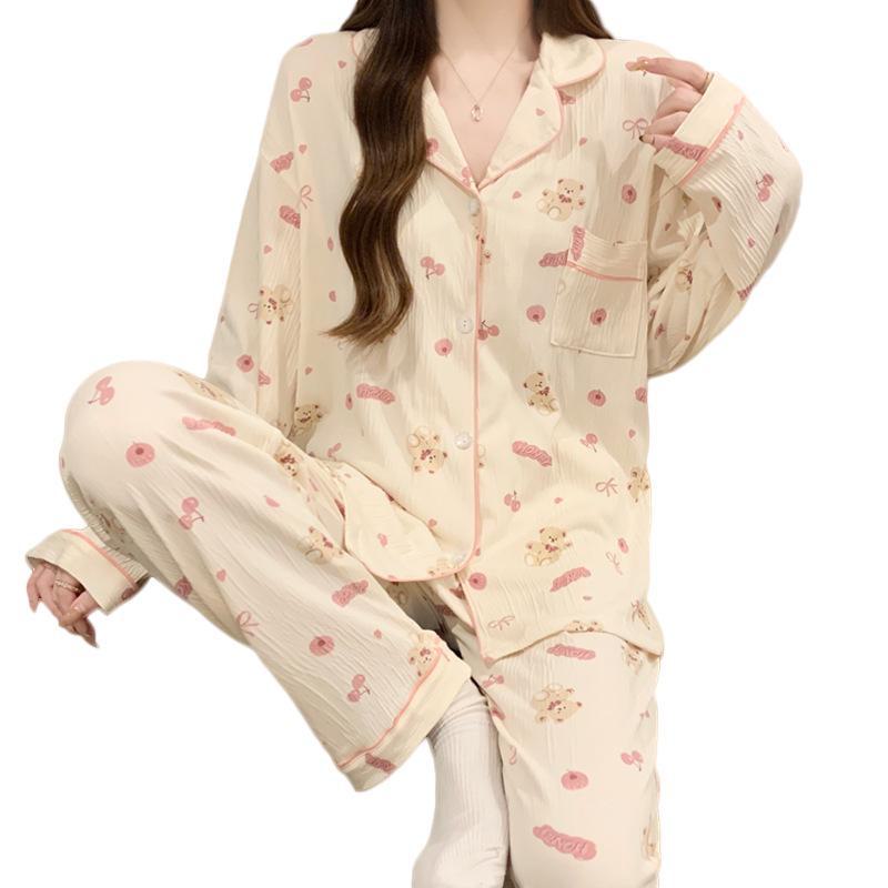 Milky Pink Cherry Bear Women's Cute Long Sleeve Pajama Set for Spring