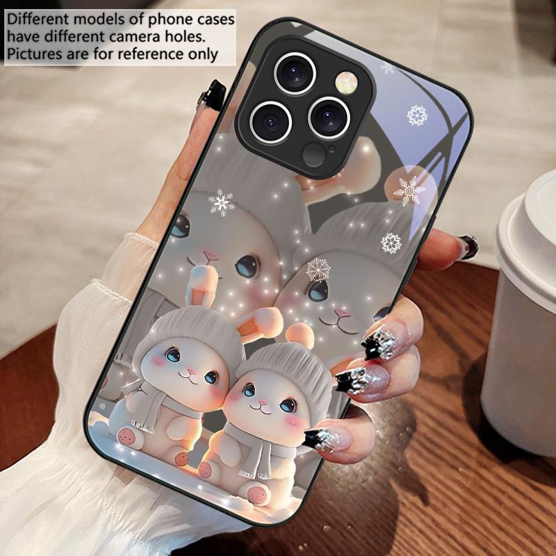 Милые розовые кролики-близнецы Для iPhone 16 E 15 14 13 Plus 12 mini 11 Pro Max XR Xs Max X 7 8 6 6S 2022 Закаленное стекло Чехол для телефона