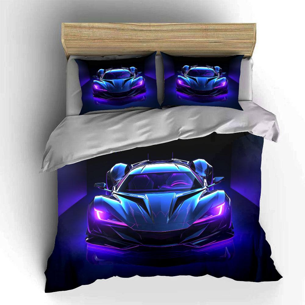 Neon Purple Sports Car Bedding Set 3pcs, Futuristic Supercar Print Duvet Cover, Cool Racing Bedding for Boys & Gamers, Gift