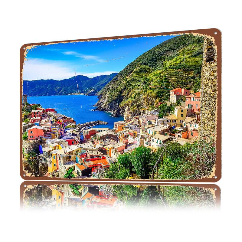 Manarola Italy Travel City Personalized D Textured Metal Poster Wall Art Vintage Tin Signs for Decor Room Decoration Gaming