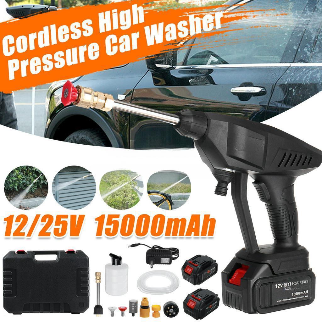 156/200W 100-240V 12V/25V Cordless Pressure Cleaner Car Washer & Water Hose Nozzle 2 Battery Outdoor