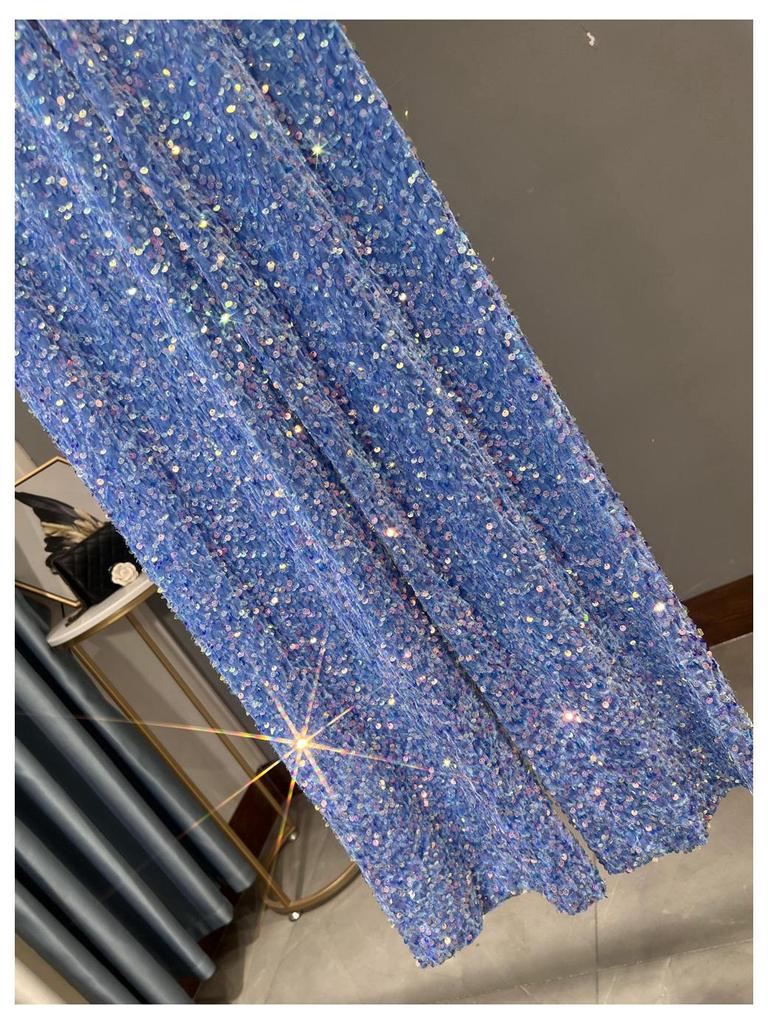 Women's Korean Velvet Sequined Wide-Leg Pants: Slim-Fit, Floor-Length, Shiny Drape Casual Wear for Autumn and Winter