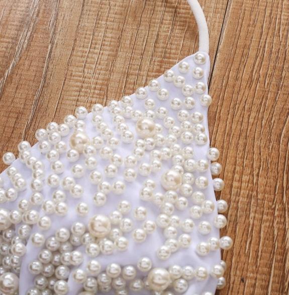 Two-Piece Fashionable Swimsuit Pearls Beads Sexy White