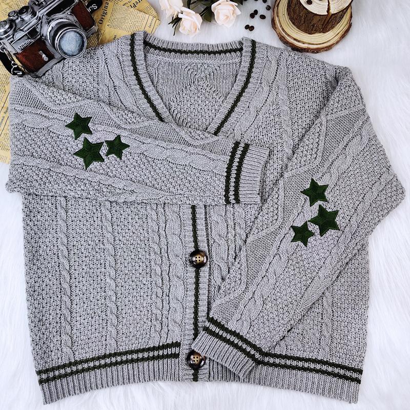 Chic Vintage Star Print Knitted Cardigan Preppy Cute Button Up V Neck Long Sleeve Coat Autumn Y2K Aesthetics Retro Sweater