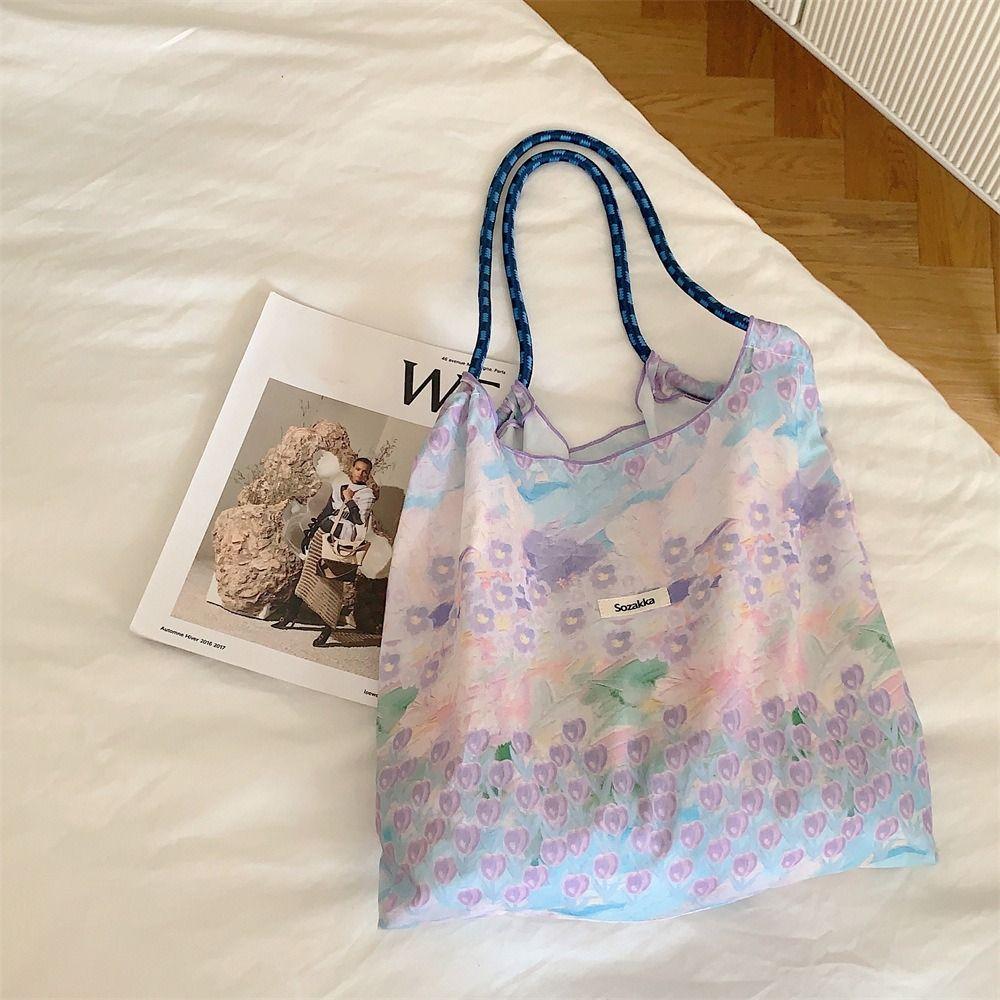 Large Capacity Drawstring Shopping Bag Reusable Travel Tote Bag Portable Canvas Shoulder Bag