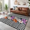 Black White Zigzag Floral Area Rug Purple Orange Lily Botanical Pattern Modern Chevron Decorative Runner Tropical Style Home