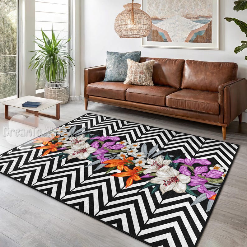 Black White Zigzag Floral Area Rug Purple Orange Lily Botanical Pattern Modern Chevron Decorative Runner Tropical Style Home