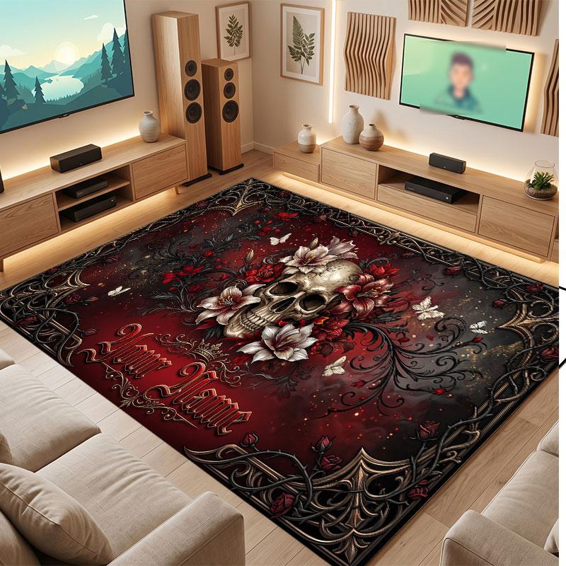 Skull Gothic Theme Crystal Velvet Floor Rug Personalized Custom Name Text Warm Carpet Home Decoration