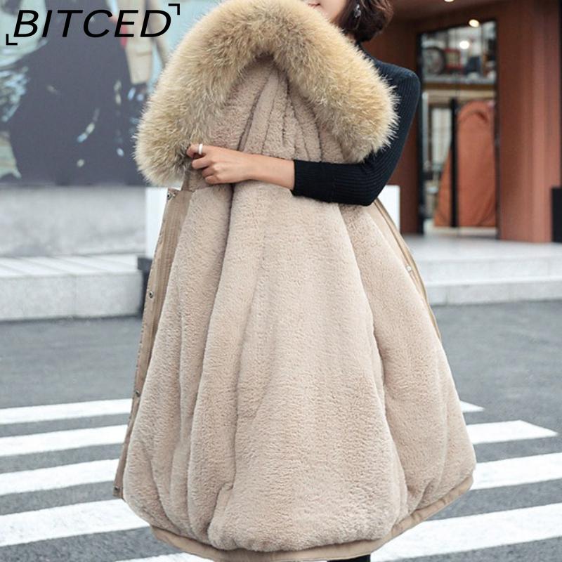 BITCED Women's Winter Mid-Length Cotton Coat with Fleece Lining, Large Fur Collar, Plus Size, Short Waist-Defining Jacket