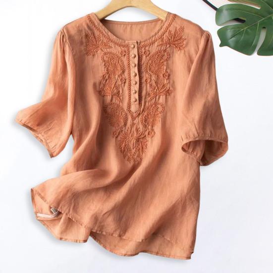 Женский топ с вышивкой и круглым вырезом Элегантный короткий рукав из хлопка и льна с винтажной вышивкой