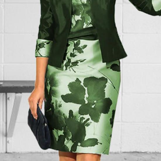 Леди Нижние Юбки Плюс Размер 1 Комплект Женское Пальто Платье Цветочный Принт Рукав 3/4 Slim Fit Весна Осень V-образным Вырезом Платье Выше Колена Куртка Комплект для Вечеринки