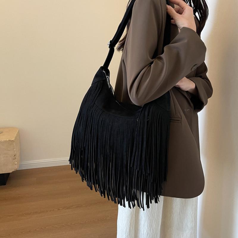 Tassel Design Women's Hobo Bag Fashion Trend Handbag Suede Shoulder Crossbody Shopping Tote Vintage Commuter Bags