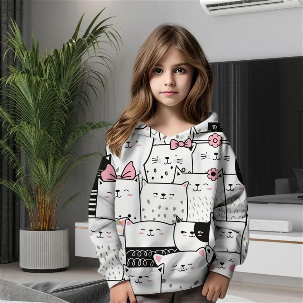 2025 Толстовка с 3D-принтом кошки для девочек, блузка, свитшот, модная детская осенняя одежда, удобная детская толстовка с капюшоном