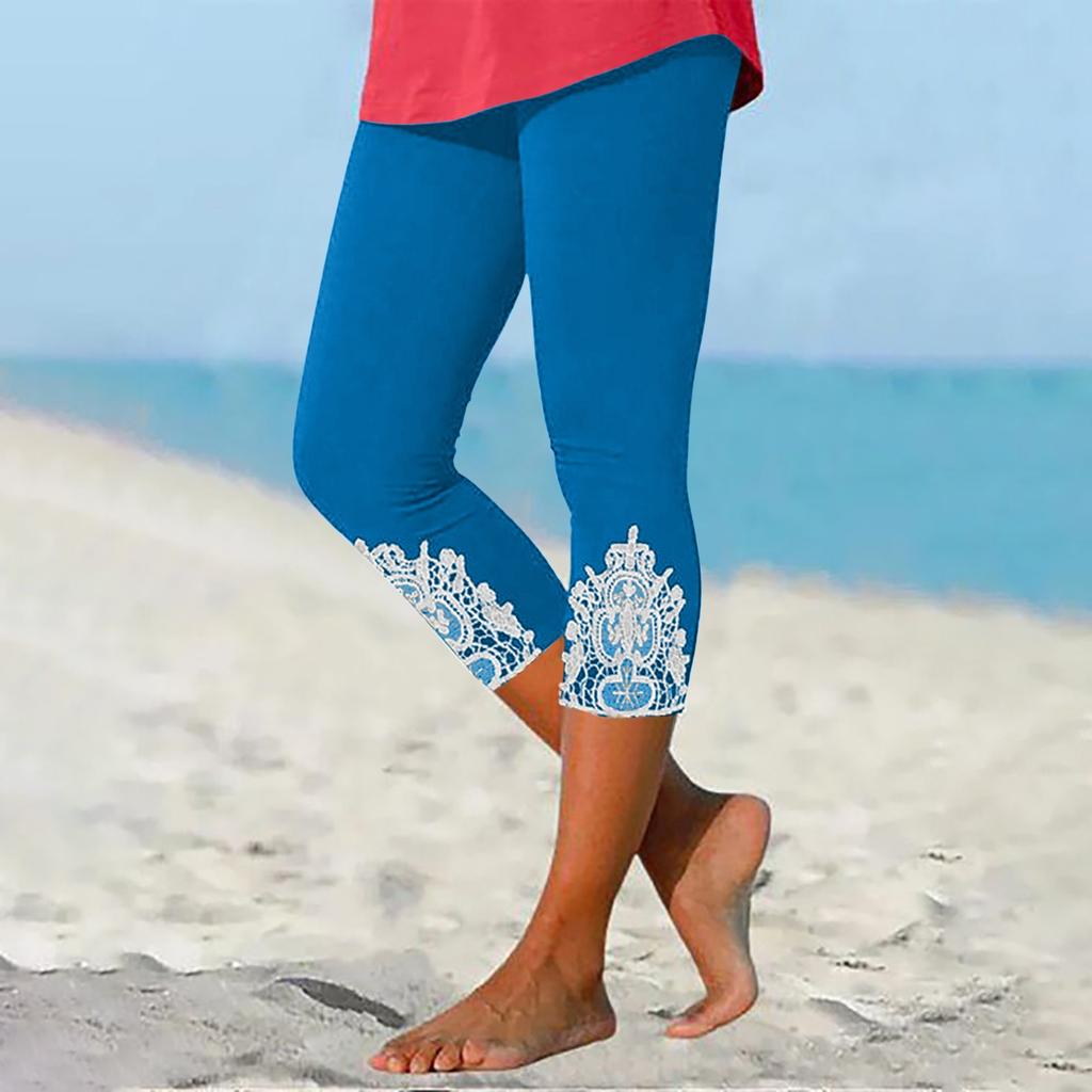 Брюки для женщин, эластичные кружевные леггинсы длиной 3/4, повседневные спортивные штаны для бега, тренировки, йоги