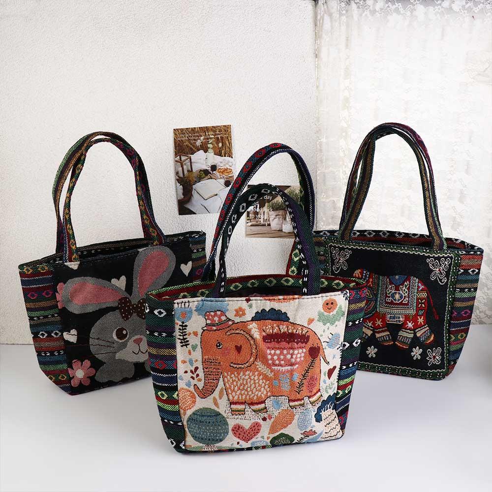 Peacock Canvas Tote Bag Embroidery Elephant Handbag Simple Ethnic Style Handbag Grocery Handbags
