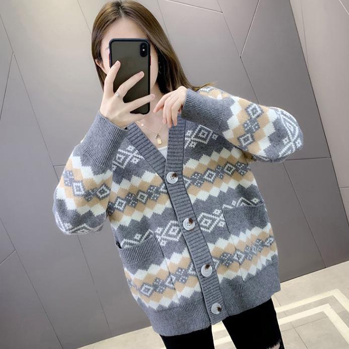 Женский осенне-зимний полосатый повседневный топ с V-образным вырезом, длинный рукав, трикотажный свитер, кардиган