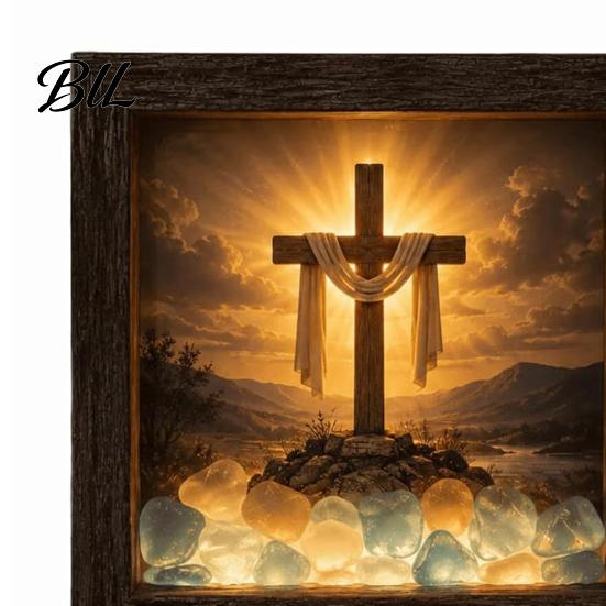 Christian Faith Home Decoration Coastal Lighthouse Sea Glass Shadow Box Night Light, LED Nativity Scene Religious Light Wall Mounted Wooden