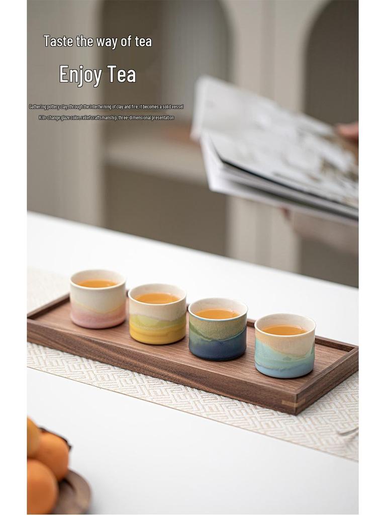 Embroidered Mountains & Rivers Ceramic Tea Cup Set - 4 Personal Tasting Cups, Ideal for Corporate Gifts, with Gift Box