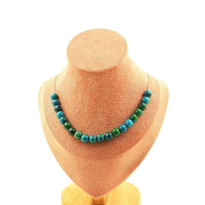 Pierres et Minéraux. Collier 20 perles Chrysocolle Teintée 8 mm. Chaine en acier inoxydable Collier femmes, hommes. Taille personna