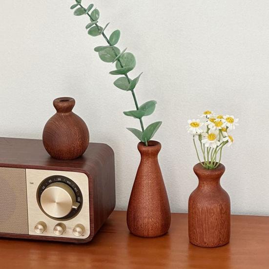 Мини-ваза из дерева для сухих цветов Ручная работа Натуральное дерево Ваза для цветов Маленькая декоративная ваза-бутон для стола Полки Домашний декор