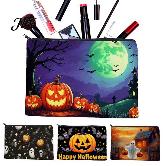 Portable Zippered Pouch Halloween Storage Bag, with Pumpkin Ghost Pattern Design, Thickened Wear Resistant Canvas Bag Cosmetic Organizer, for