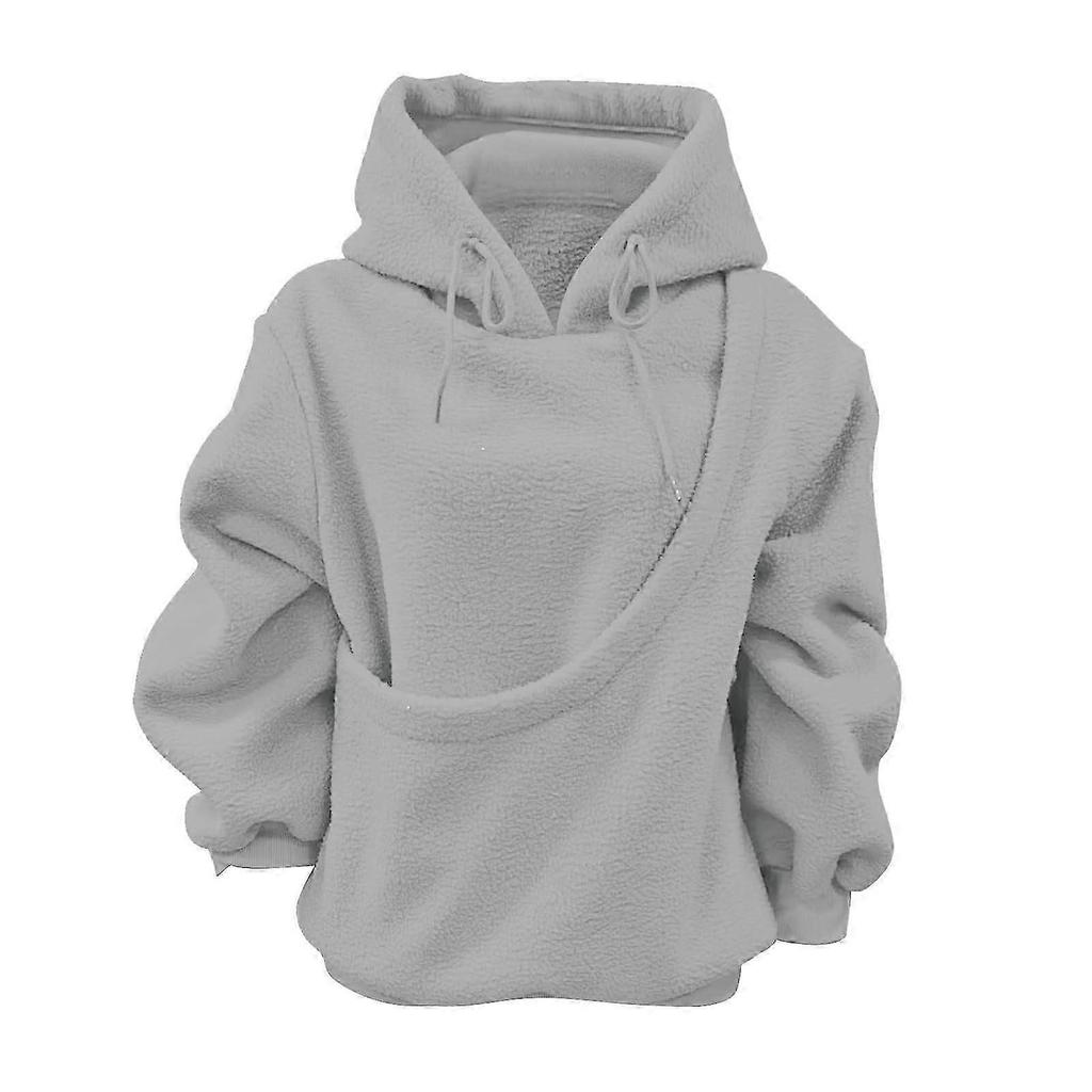 Women Fleece Sweatshirt with Pet Carriers Pouch Long Sleeve Solid Color Hoodies Oversized Loose Pullover Top Streetwear White XXL
