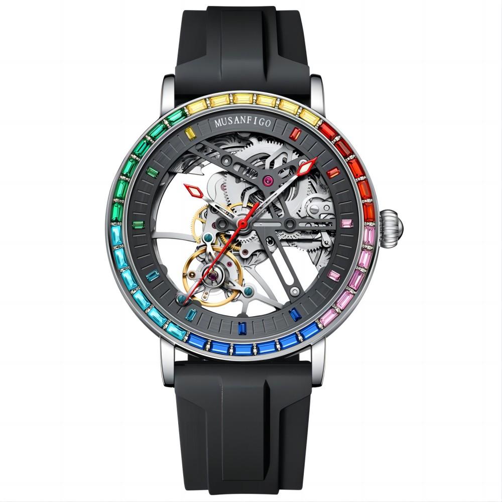 MUSANFIGO new hollowed out fully automatic mechanical watch for men, color diamond stainless steel luminous waterproof watch