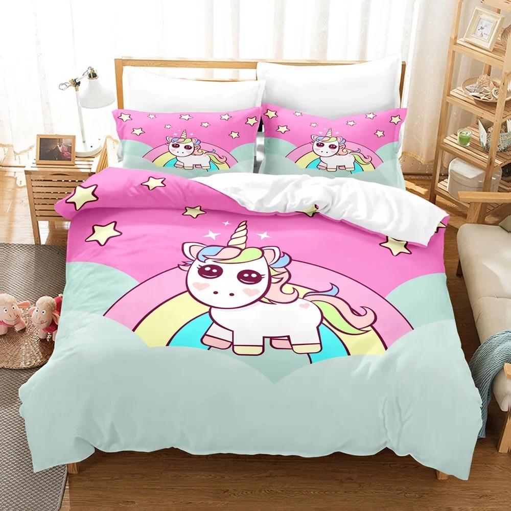 Комплект постельного белья с рисунком единорога из мультфильма King Queen Size, милый розовый, синий, сказочные животные, комплект постельного белья из полиэстера для девочек и детей