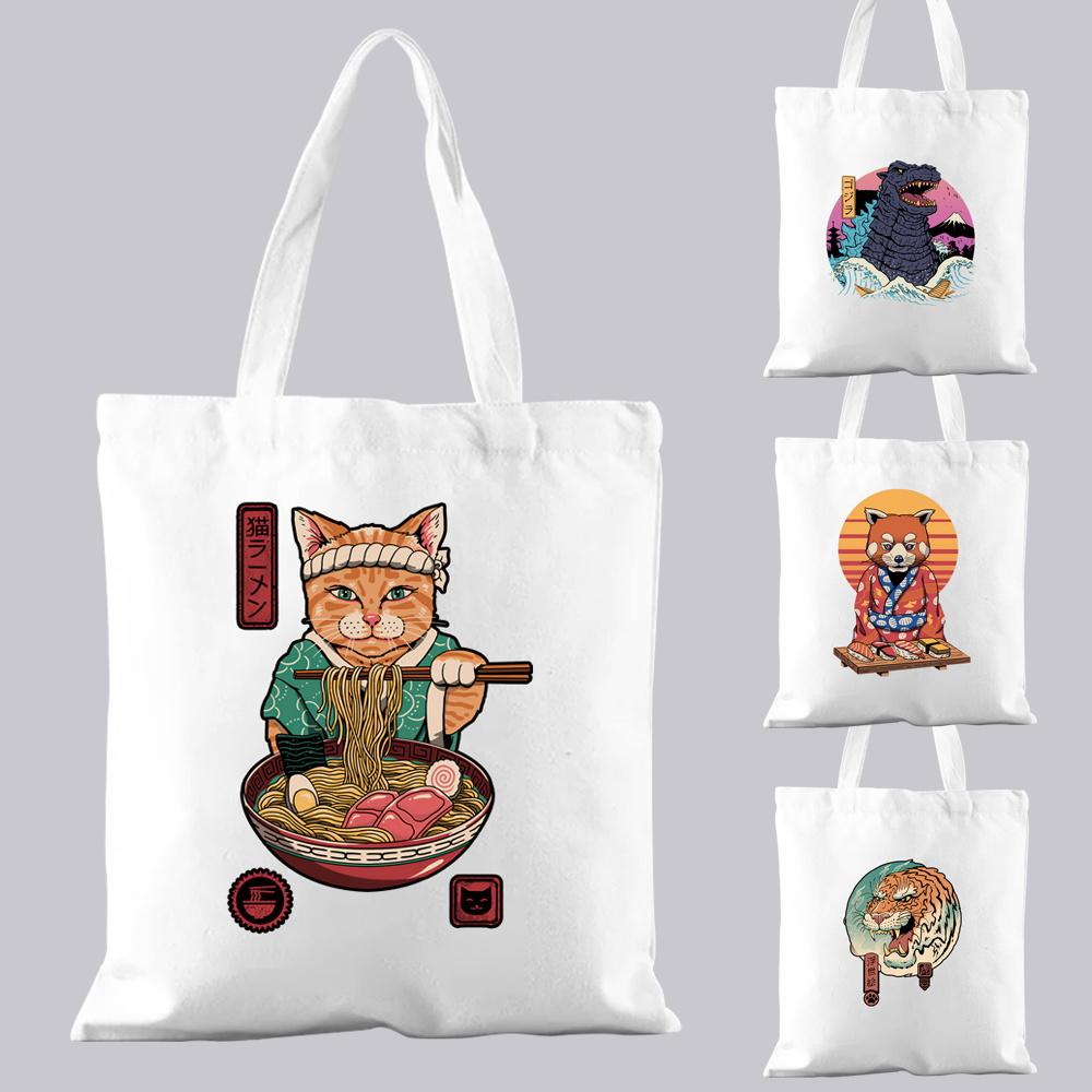 Fashion Shopping Bag Casual Canvas Shoulder Bag Commuter Reusable Japanese Cat Pattern Print Harajuku Bag