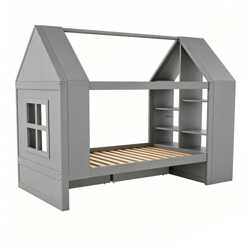 Children's Bed 90*200cm, House-Shaped Design, Two Drawers, LED, Storage Space, Multifunctional Bed, for Children, Teenagers, Grey