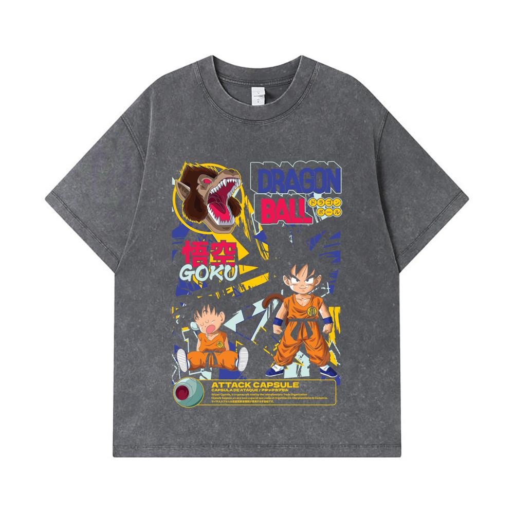 275 GSM Washed T-shirts 100% Cotton Dragon Ball V40 Goku Capsule Print Unisex Heavy Cotton T Shirt