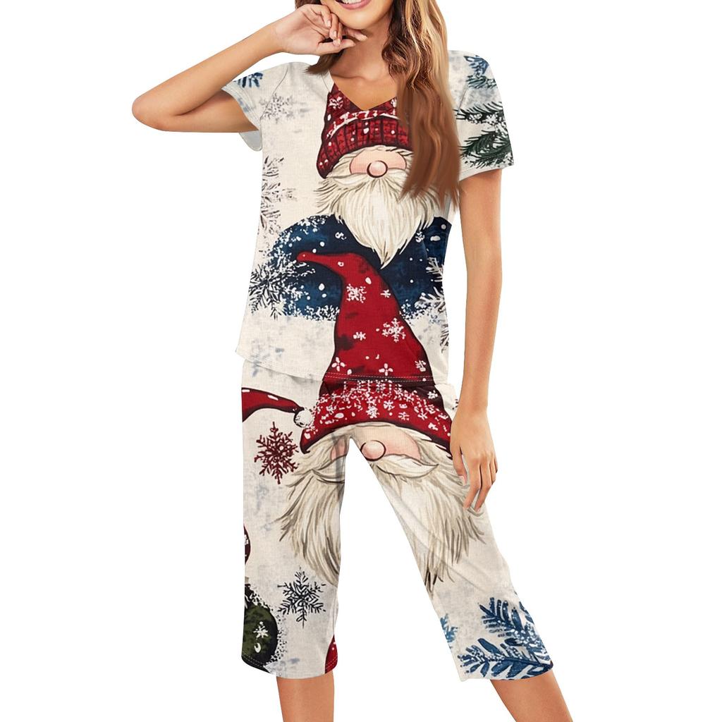 Женская повседневная спортивная пижама с коротким рукавом и укороченными брюками с рождественским принтом