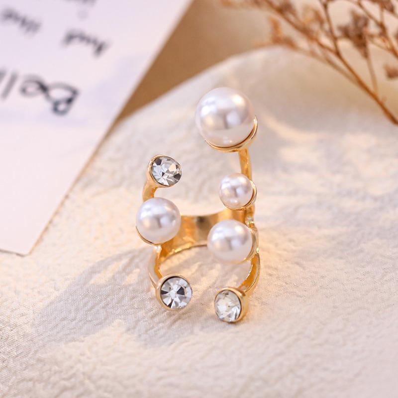 Creative Exaggerated Double-layer Pearl Ring Niche Design Irregular Diamond Inlaid Open Ring Women's Fashionable Jewelry Gift
