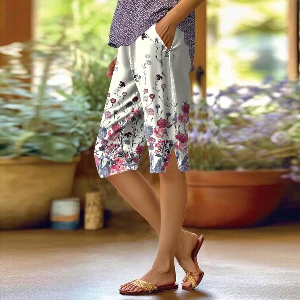 Женские брюки с принтом, модные повседневные шорты с карманами и эластичной резинкой на талии
