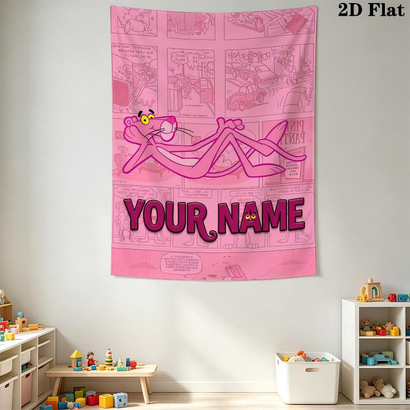 Custom Name Pink Panther Wall Tapestry Aesthetic Wall Hanging Printed Fabric Blanket Decorative Tapestries for Bedroom Living Room Home Decor