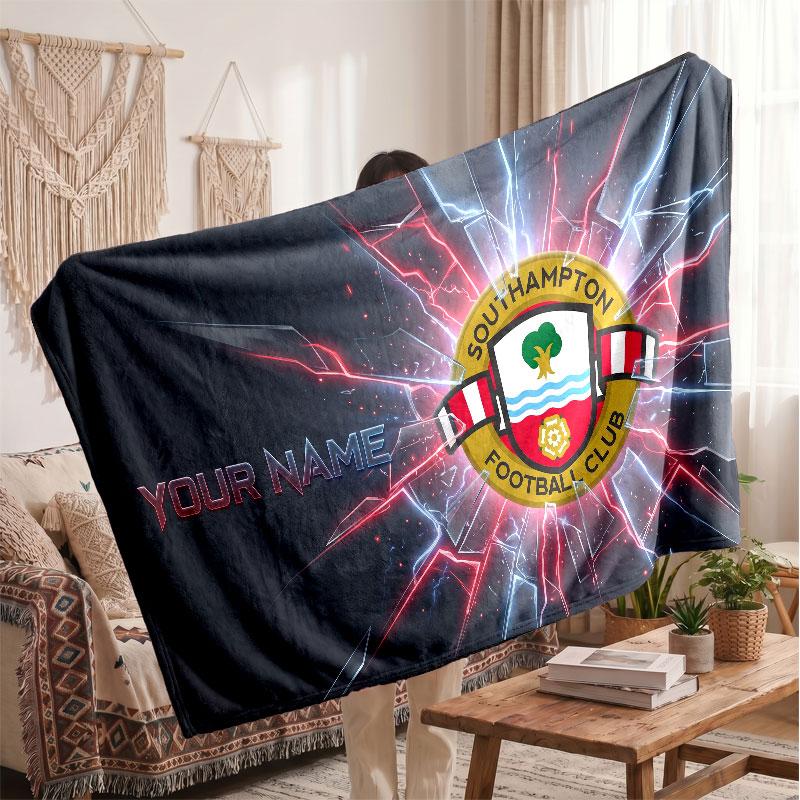Southampton FC Personalized Fleece Blanket With Football Logo, Custom Name Text Soft Warm Home Throw Blanket