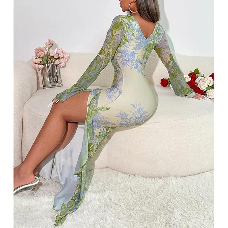 European and American V-neck Asymmetrical Printed Sexy Slim Side Split Dress