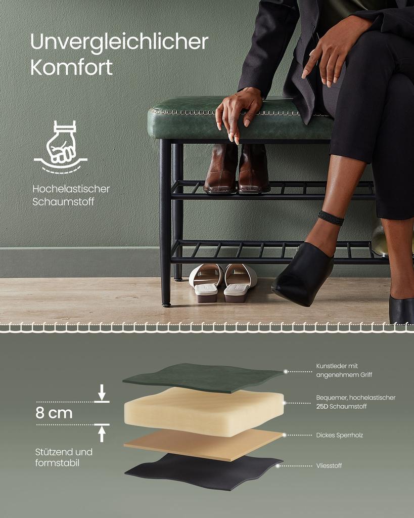 VASAGLE EKHO Collection LSB054C01 Shoe Bench, Seat, Entrance Area, Faux Leather, Seams, 60s Style, Modern, Maximum Load 135 kg, 30 x 80 x 50 cm