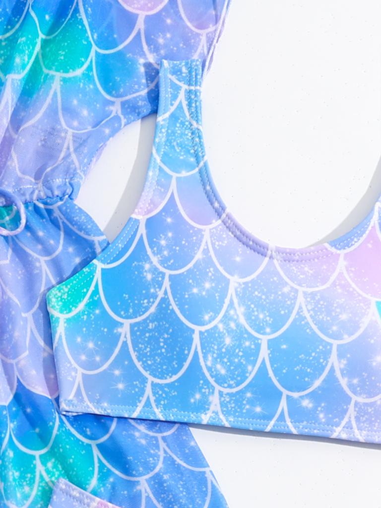 Модный комплект купальников для девочек из 3 предметов, топ с принтом, однотонный купальник с короткими рукавами и шнуровкой, купальный костюм