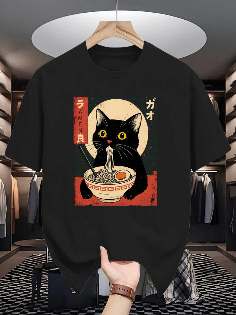 Unisexs Retro Japanese Black Cat RaUnisex Graphic Tee Crew Neck Street Tshirt For Male Cat RaUnisex Anime Lovers Casual Daily Outfit Gift